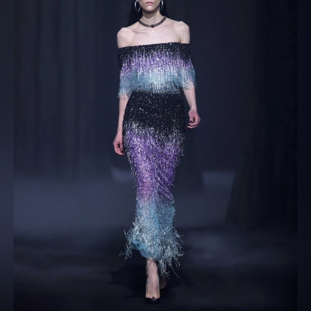 GEORGES HOBEIKA Off-Shoulder Beaded Tulle Dress With Fringes